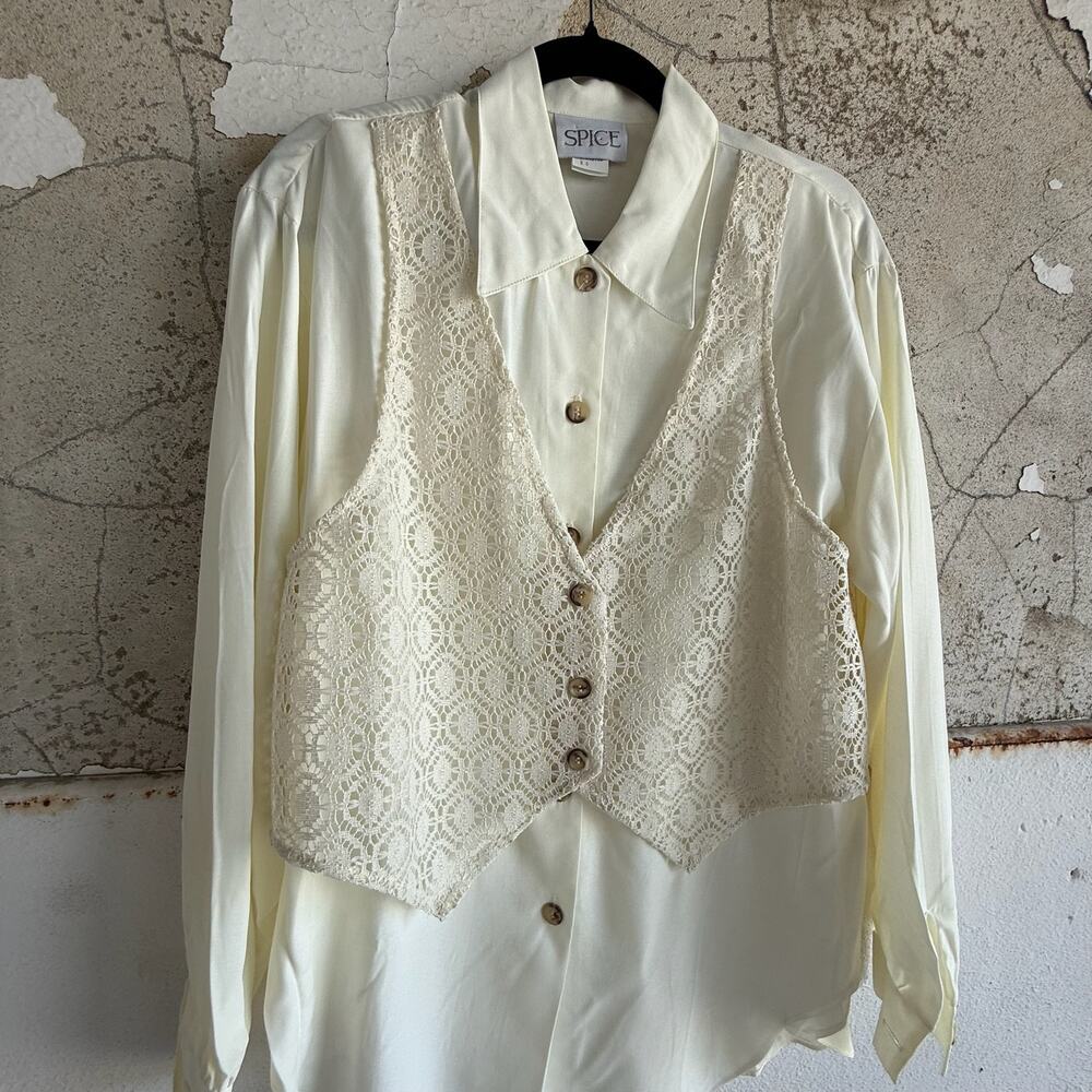 Vintage Blouse with Crochet Lace Vest Cream USA Made 90s Prairie Minimalist‎ Top